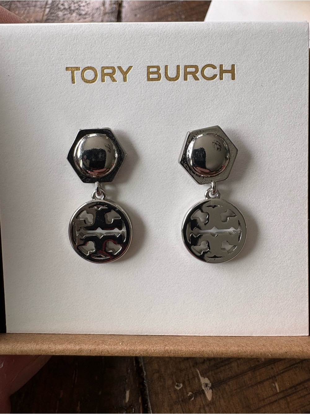 Tory Burch Polished Silver Drop Logo Earrings